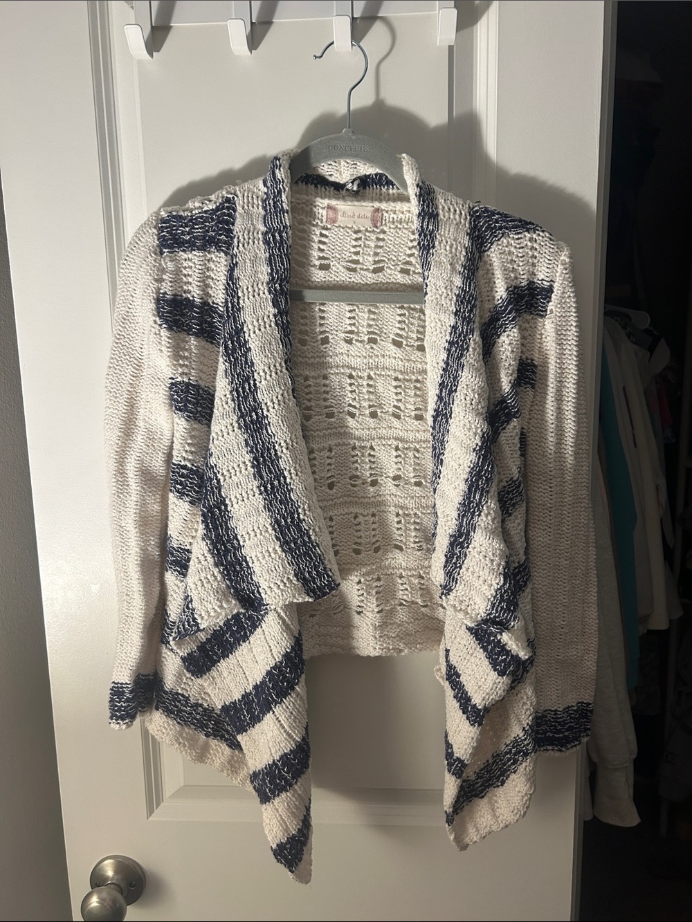 Altar'd State Cream & Navy Striped Open-Front Cardigan
